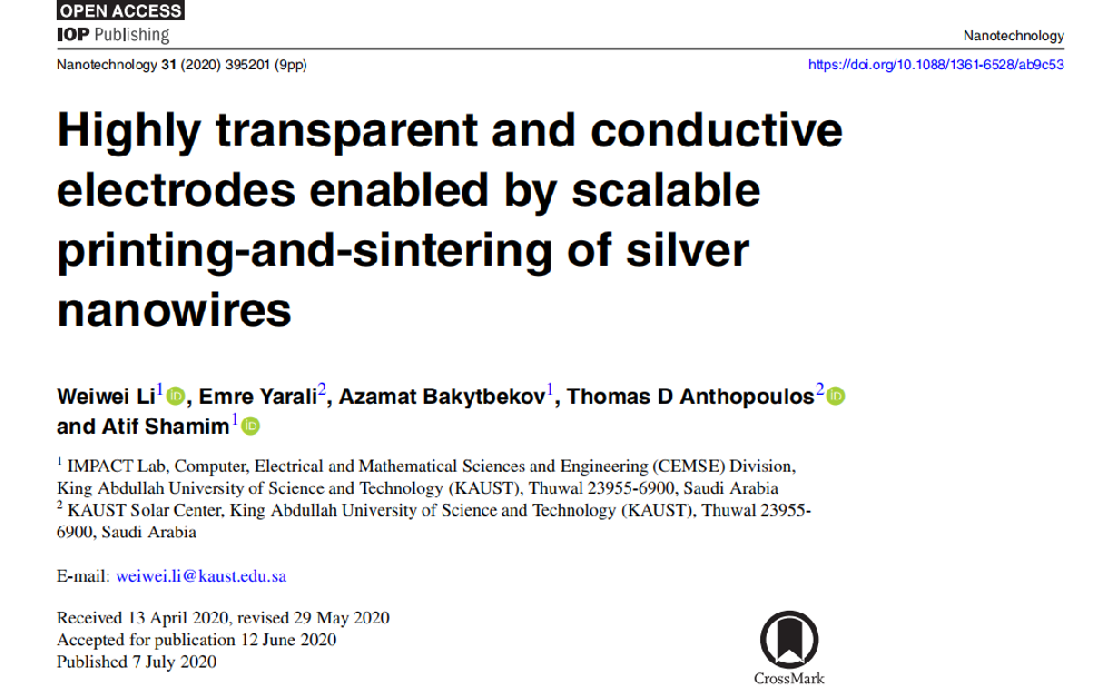 《Nanotechnology》：通過可擴展的銀納米線印刷和燒結實現(xiàn)高度透明和導電電極