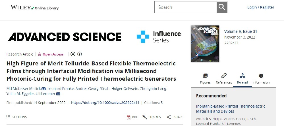 《Advanced Science》：通過毫秒光子燒結界面改性制備高品質因數(shù)碲化物基柔性熱電薄膜，用于全印刷熱電發(fā)電機（IF=15.17）